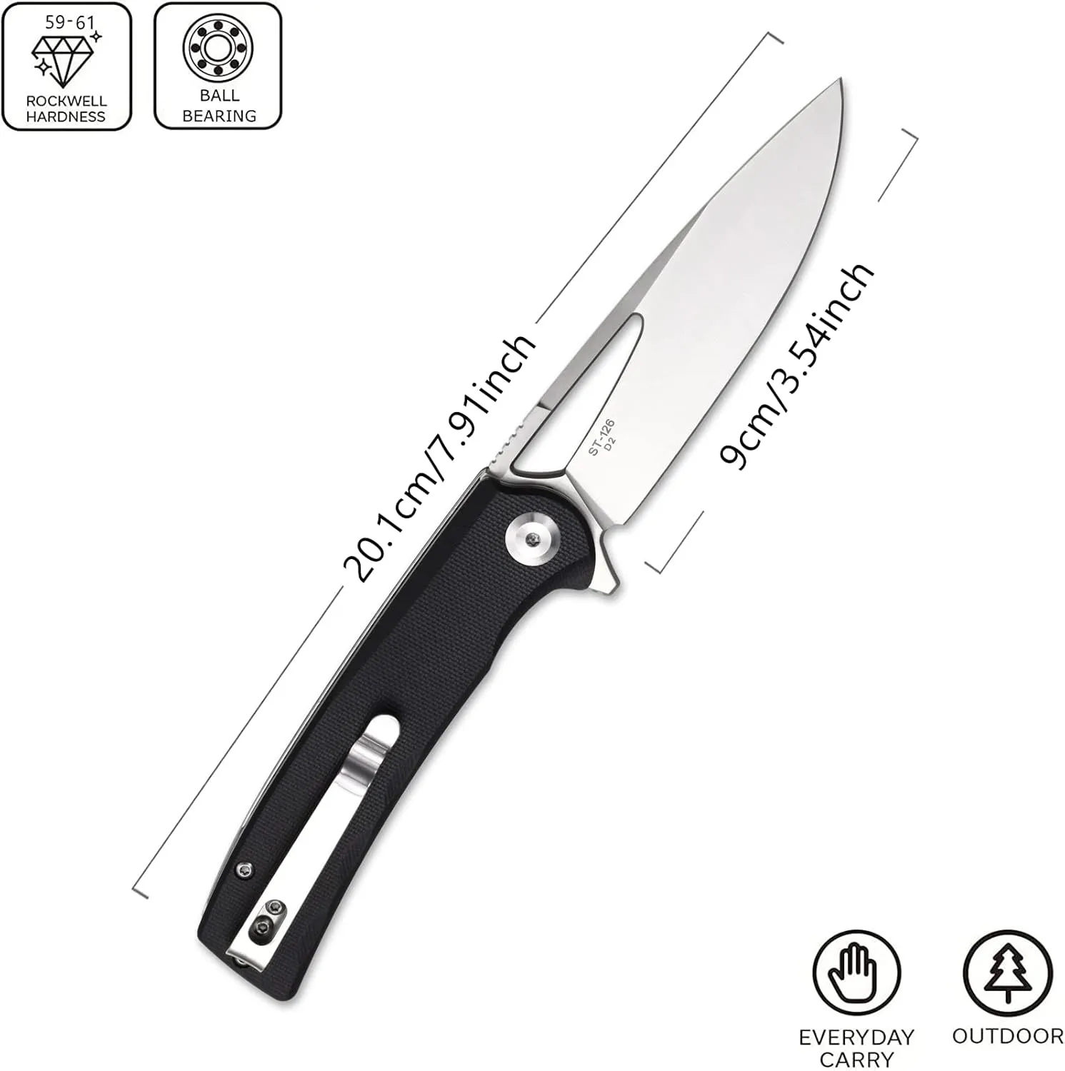 Sitivien ST126 Folding Knife,D2 Satin Blade G10 Handles,Liner Lock,Deep Carry Pocket Clip for Outdoor and EDC(Black)