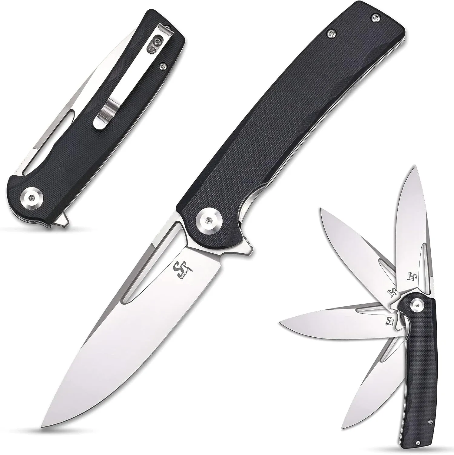 Sitivien ST126 Folding Knife,D2 Satin Blade G10 Handles,Liner Lock,Deep Carry Pocket Clip for Outdoor and EDC(Black)