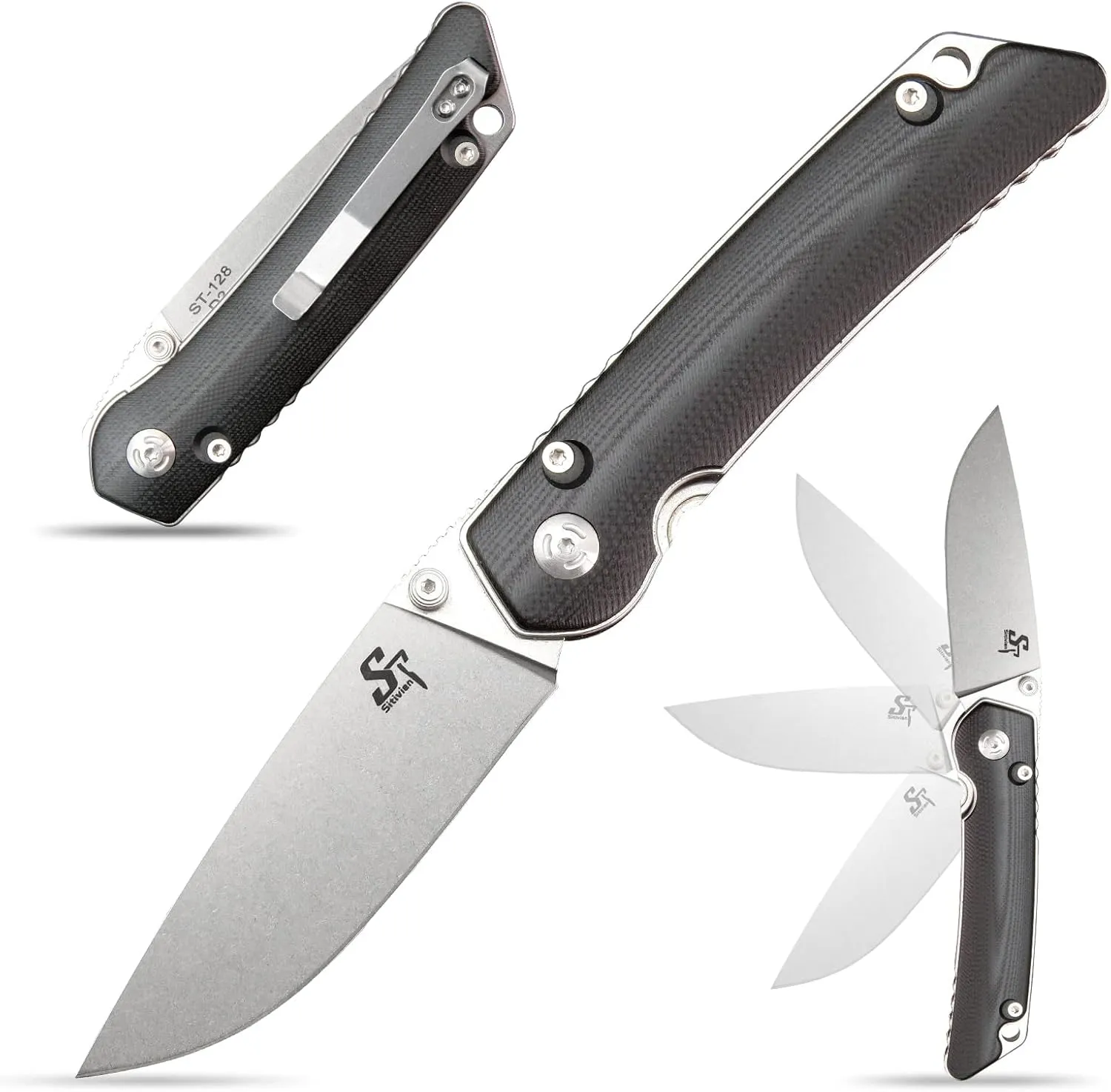 Sitivien ST128 Folding Knife,D2 Blade G10 Handle Safety Liner Lock EDC Tool Knife for Outdoor Hiking Camping-Black