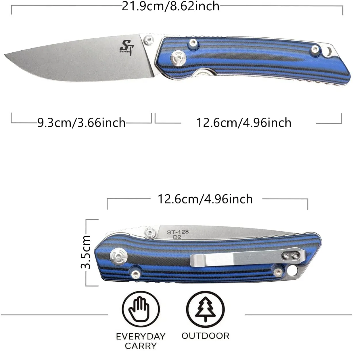 Sitivien ST128 Folding Knife,D2 Blade G10 Handle Safety Liner Lock EDC Tool Knife for Outdoor Hiking Camping-Blue