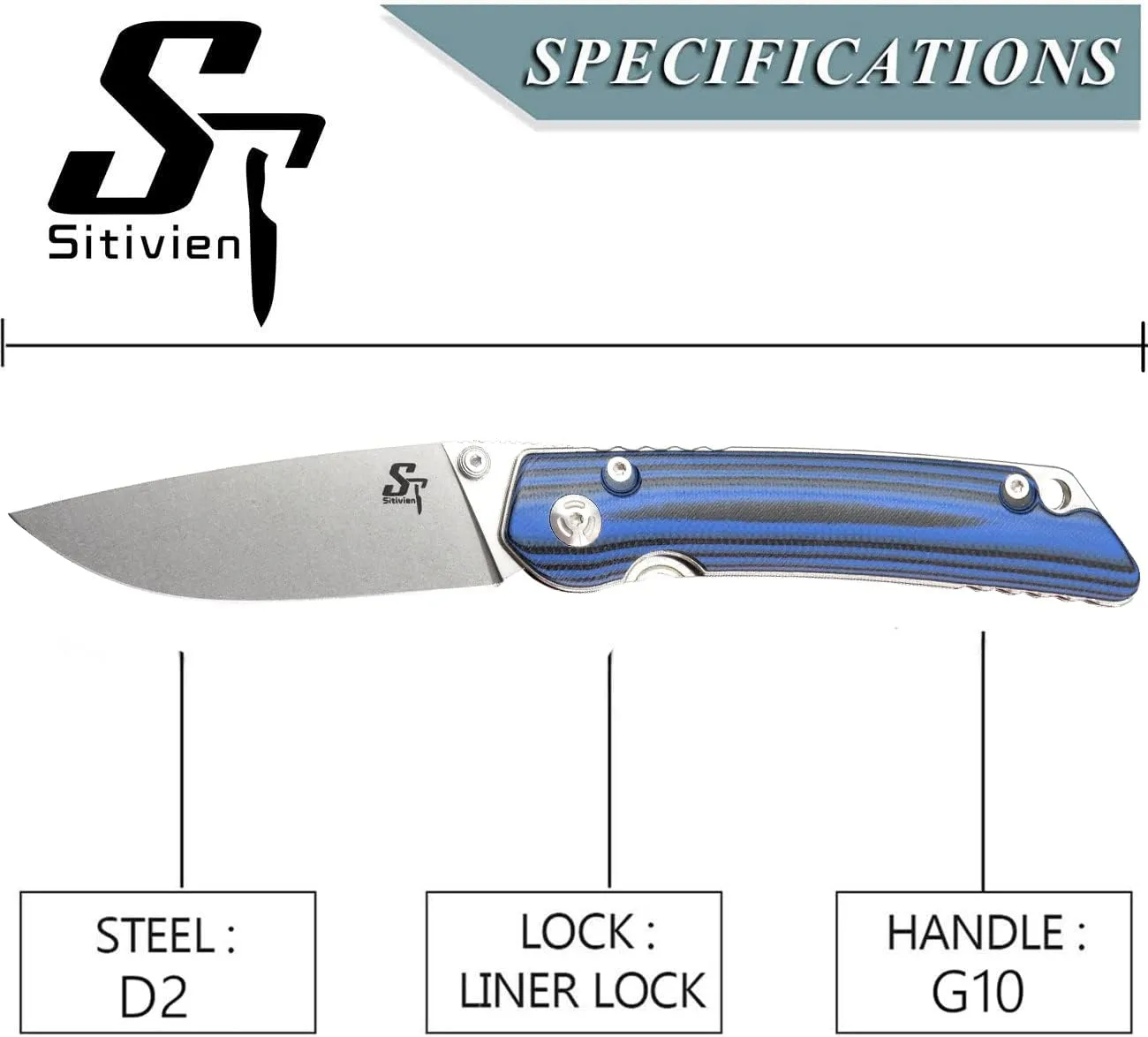 Sitivien ST128 Folding Knife,D2 Blade G10 Handle Safety Liner Lock EDC Tool Knife for Outdoor Hiking Camping-Blue