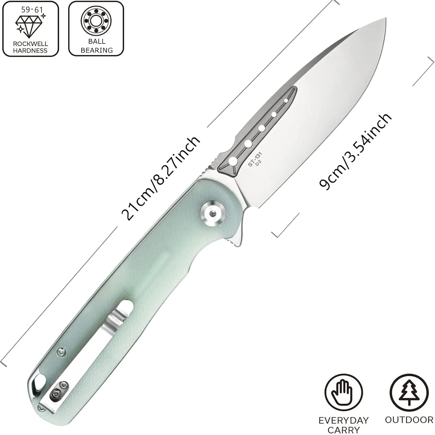 Sitivien ST131 Folding Knife,D2 Blade G10 Handle EDC Tool Knife with Liner Lock for Outdoor Camping Hiking Fishing(Jade)