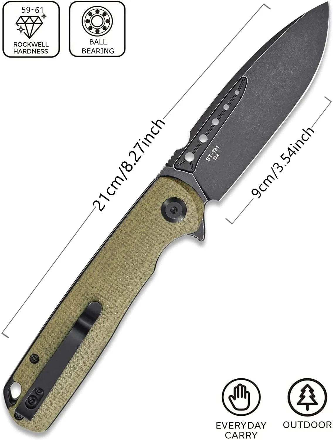 Sitivien ST131 Folding Knife,D2 Blade Micarta Handle EDC Tool Knife with Liner Lock for Outdoor Camping Hiking Fishing(Green)