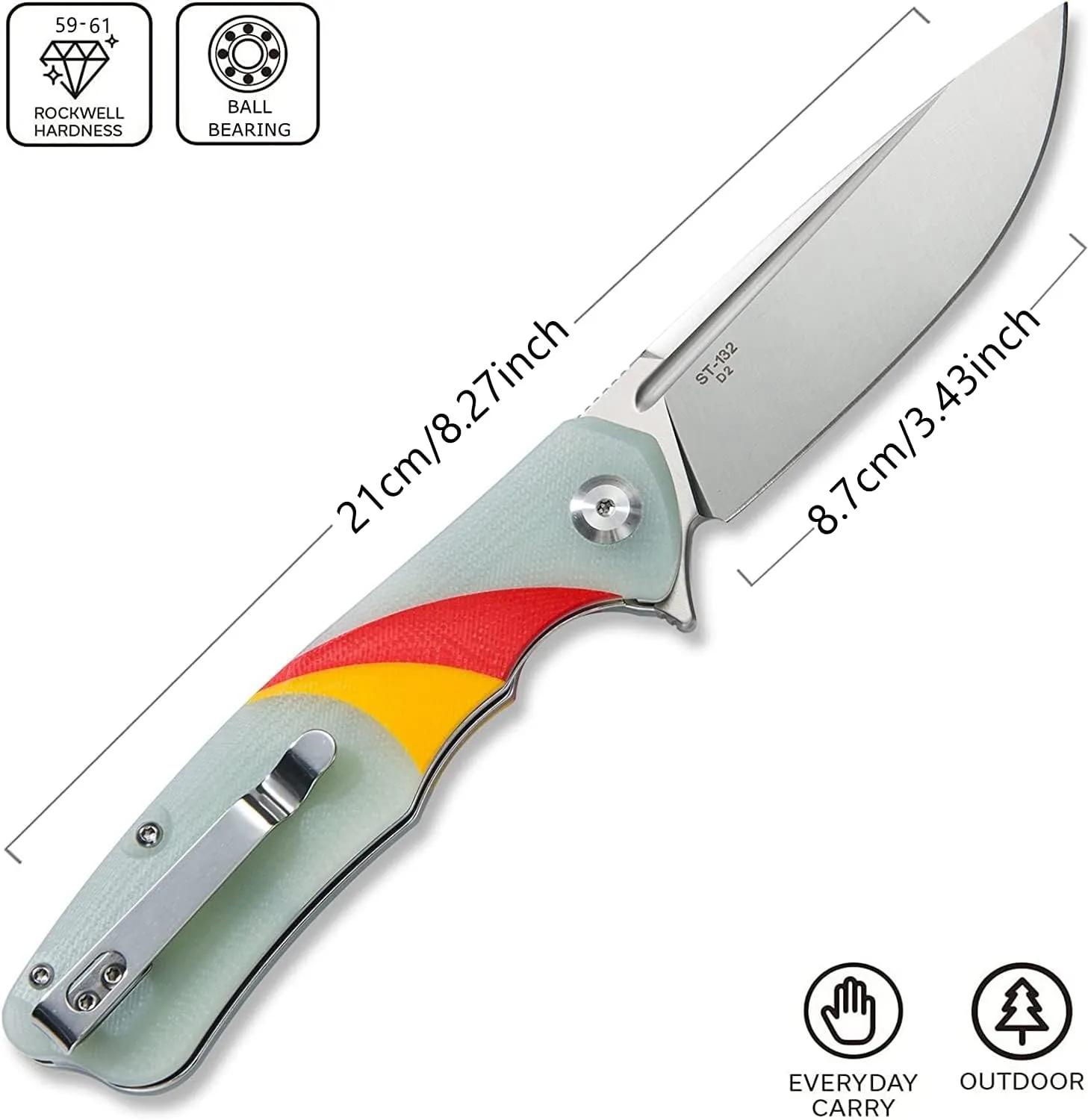Sitivien ST132 Folding Knife,D2 Steel G10 Handle with Liner Lock,Utility Folding Knife for Outdoor Hiking Camping(Jade)