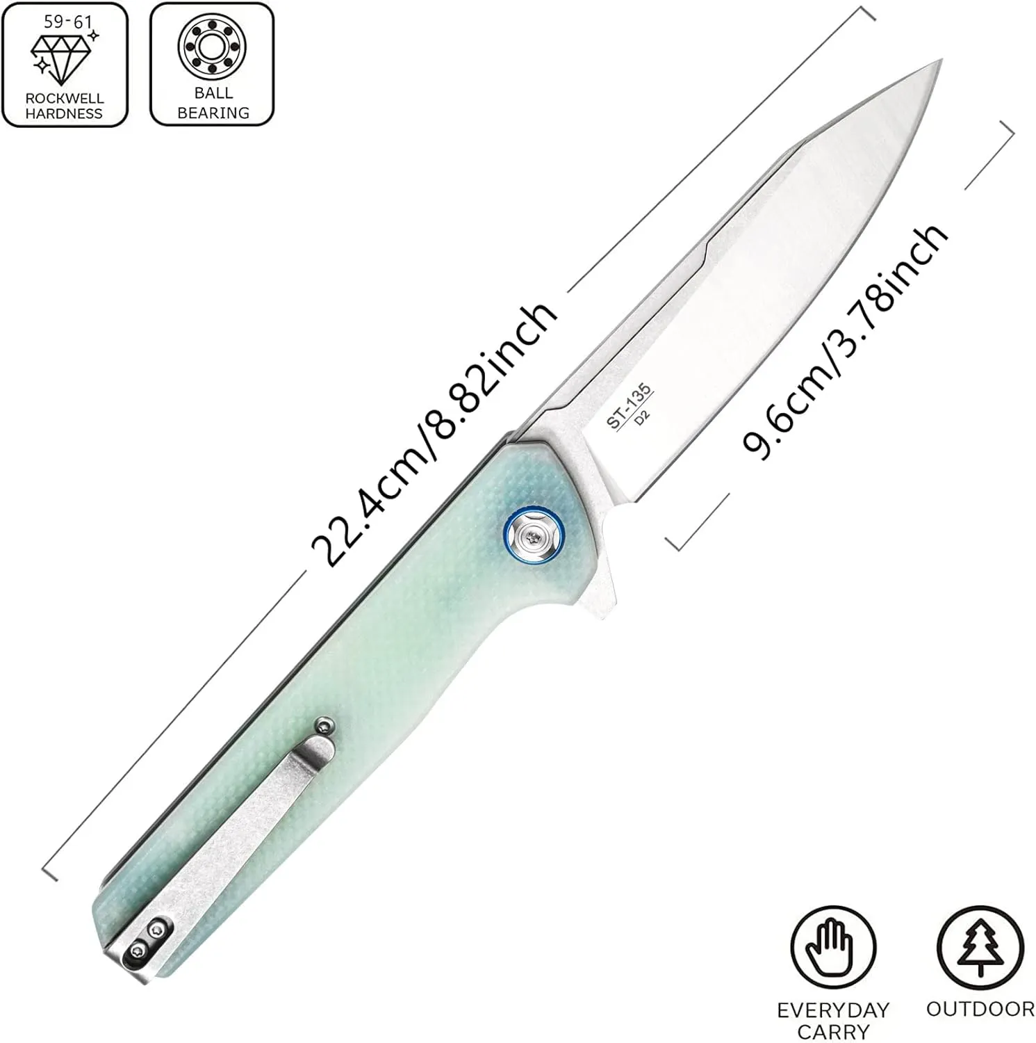 Sitivien ST135 Folding Knife,D2 Steel Blade G10 Handle Outdoor EDC Knife for Hunting Fishing Camping(Jade)