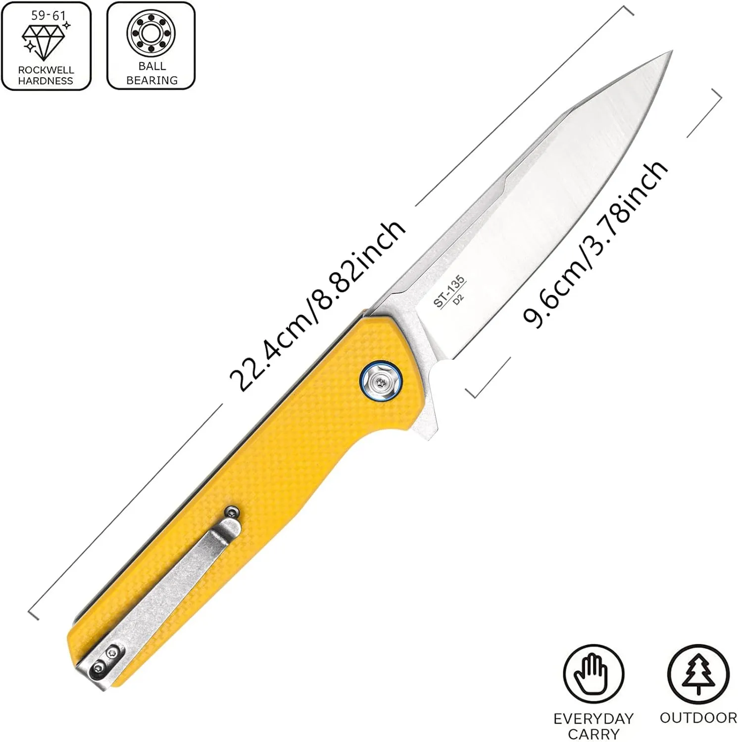 Sitivien ST135 Folding Knife,D2 Steel Blade G10 Handle Outdoor EDC Knife for Hunting Fishing Camping(Yellow)