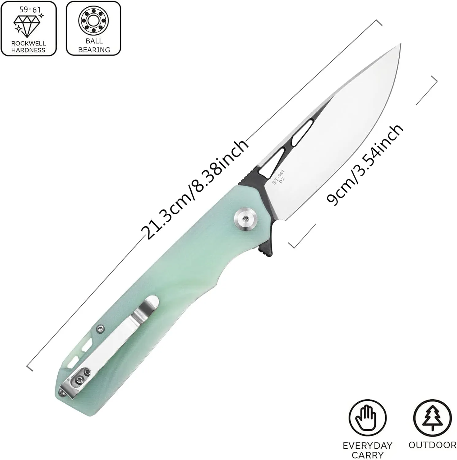 Sitivien ST141 Folding Knife,D2 Steel Blade G10 Handle Pocket Knife EDC Tool Knife for Survival, Hiking, Camping, Fishing(Jade)