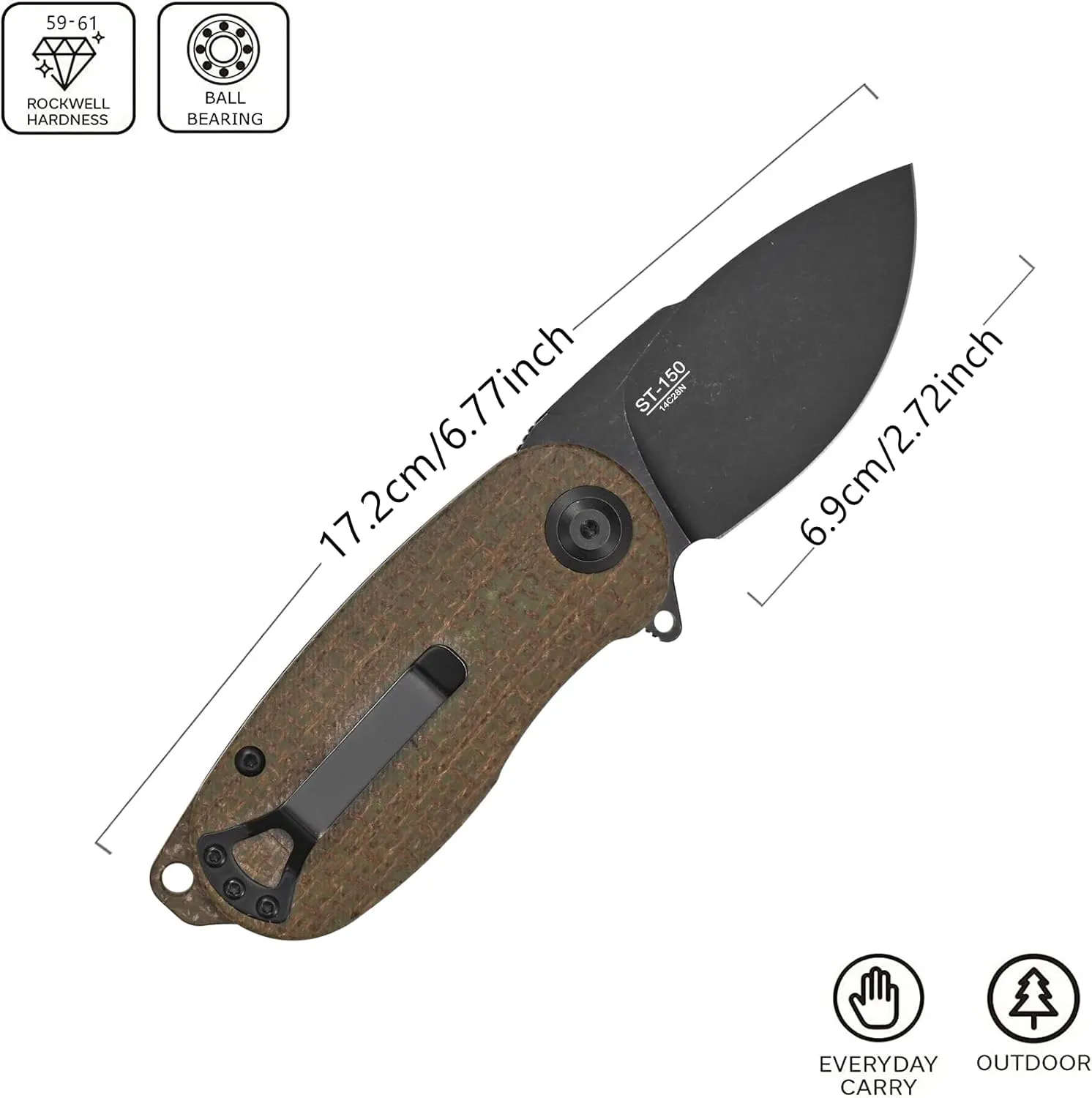 Sitivien ST150 Pocket Folding Knife,Sandvik 14C28N Black Stonewashed Blade with Micarta Handles EDC Tool Knifes for Outdoor Survival,Camping,Hiking,Hunting,Fishing(Green) … …