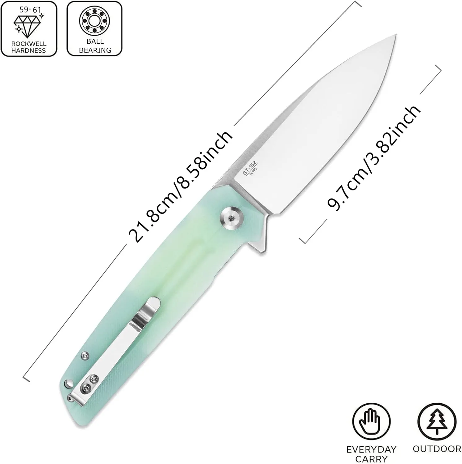 Sitivien ST152 Folding Knife,K110(D2) Steel Blade with G10 Handle EDC Tool Knife for Outdoor Camping,Hiking,Fishing(Jade)
