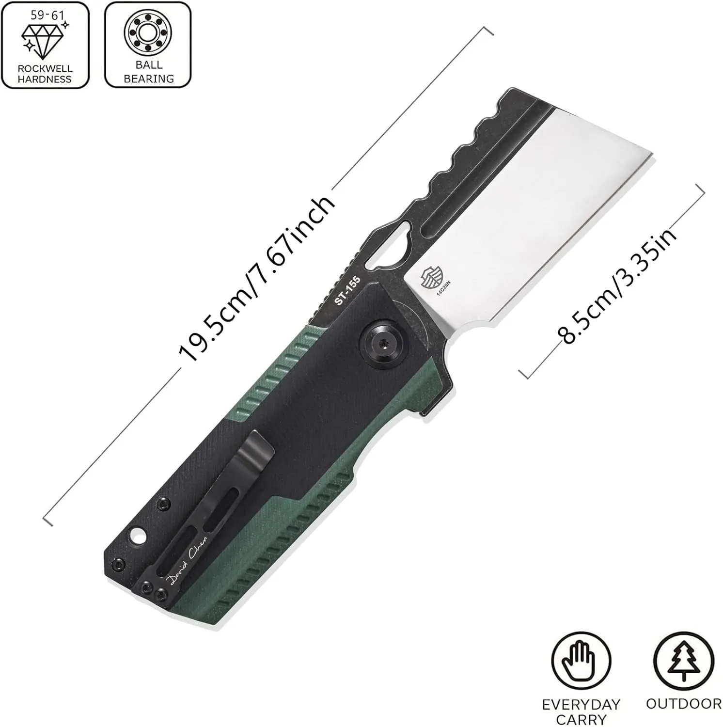 Sitivien ST155 Folding Knife,Sandvik 14C28N Steel Blade,G10 Handle EDC Tool Knife Pocket Knife for Fishing,Camping,Hiking(Black Green) …