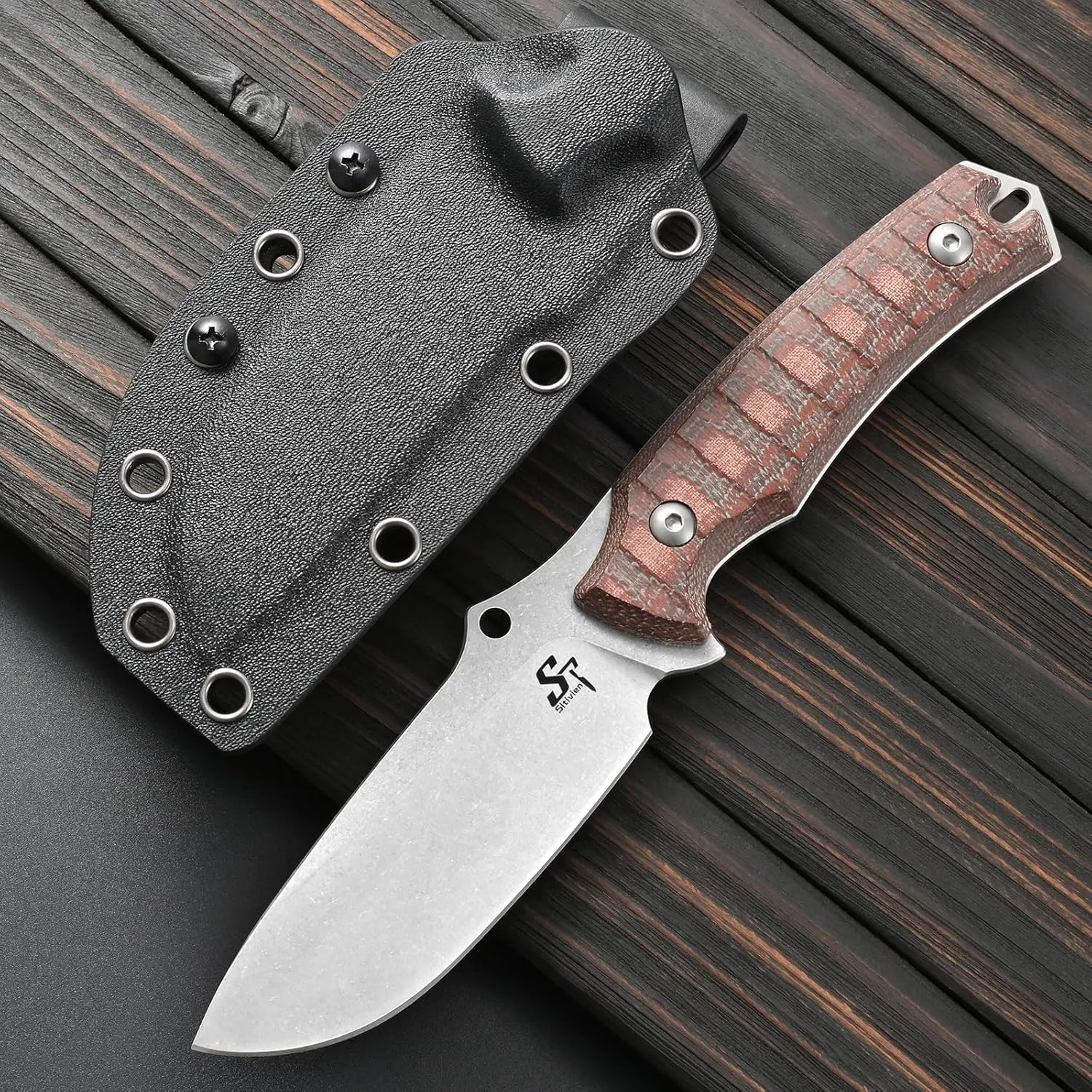 Sitivien ST23 Fixed Blade Knife AUS-8 Steel Blade Micarta Handle Full Tang EDC Tool Knife for Outdoor Camping Hiking Hunting Adventure Bushcraft(Brown)