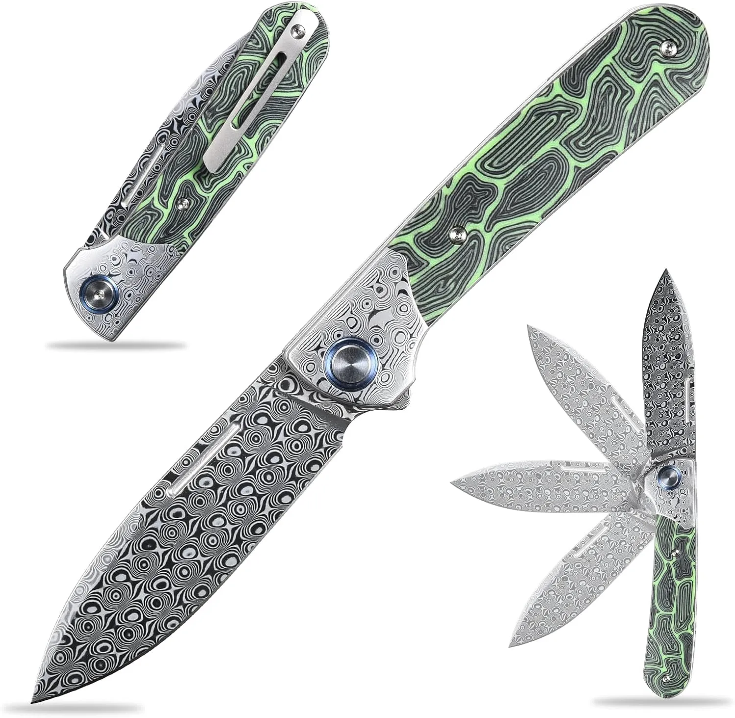 Sitivien ST256 Damascus Steel Folding Knife,Damascus Blade with Colorful G10 Handle EDC Knife for Outdoor Camping,Hiking, Fishing(Green) … …
