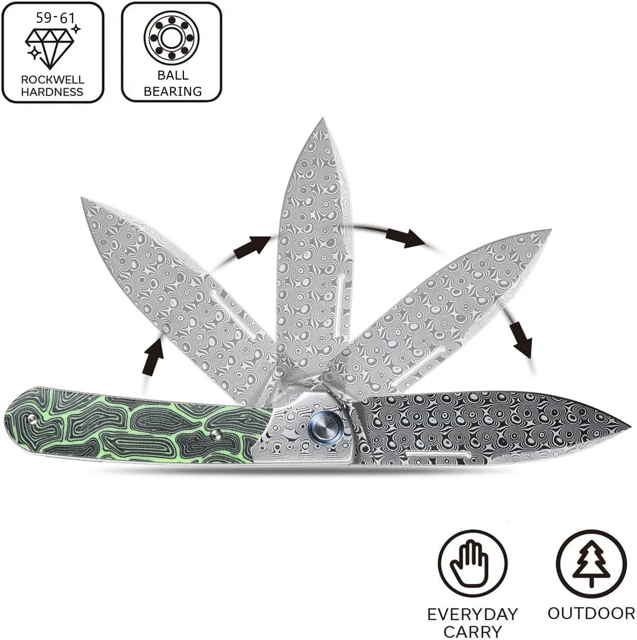 Sitivien ST256 Damascus Steel Folding Knife,Damascus Blade with Colorful G10 Handle EDC Knife for Outdoor Camping,Hiking, Fishing(Green) … …