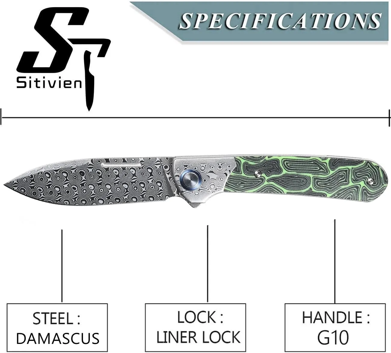 Sitivien ST256 Damascus Steel Folding Knife,Damascus Blade with Colorful G10 Handle EDC Knife for Outdoor Camping,Hiking, Fishing(Green) … …