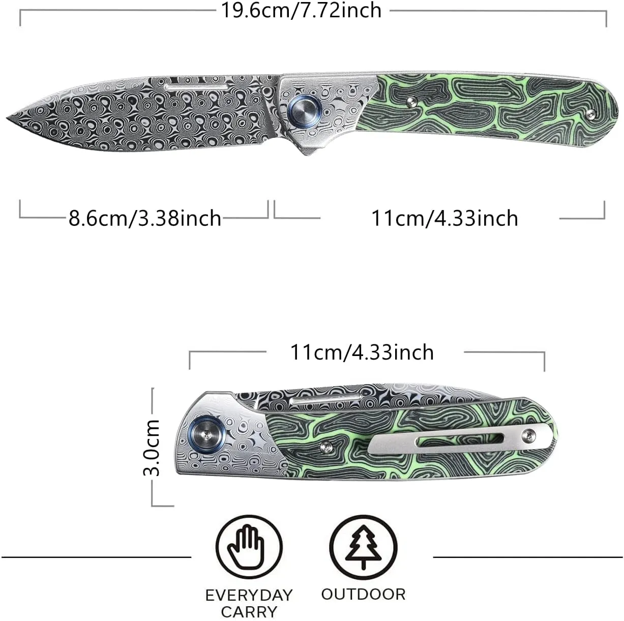 Sitivien ST256 Damascus Steel Folding Knife,Damascus Blade with Colorful G10 Handle EDC Knife for Outdoor Camping,Hiking, Fishing(Green) … …