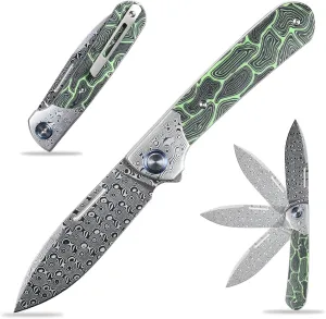 Sitivien ST256 Damascus Steel Folding Knife,Damascus Blade with Colorful G10 Handle EDC Knife for Outdoor Camping,Hiking, Fishing(Green) … …