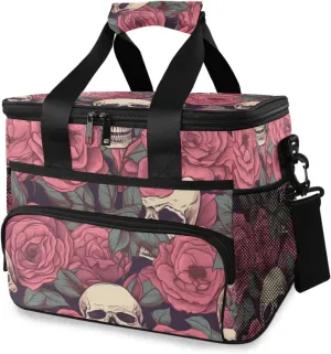 Skull Head Skeleton Rose Flower Cooler Bag Insulated Cooler Soft Sided Cooler 24 Can Portable Picnic Bag Large Leakproof Lunch Bag Box for Beach Grocery Camping Travel Car Men Women