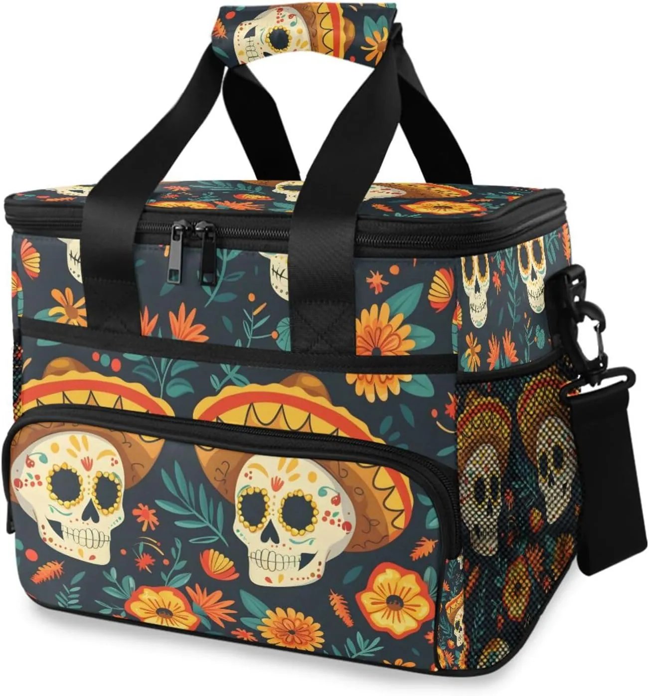 Skull Skeleton Flowers Grunge Style Cooler Bag Insulated Cooler Soft Sided Cooler 24 Can Portable Picnic Bag Large Leakproof Lunch Bag Box for Beach Grocery Camping Travel Car Men Women