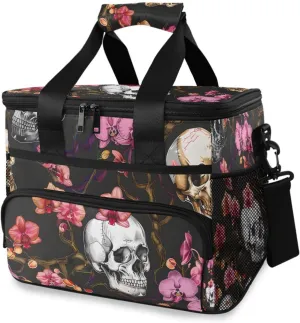 Skulls Pink Orchids Skeleton Cooler Bag Insulated Cooler Soft Sided Cooler 24 Can Portable Picnic Bag Large Leakproof Lunch Bag Box for Beach Grocery Camping Travel Car Men Women