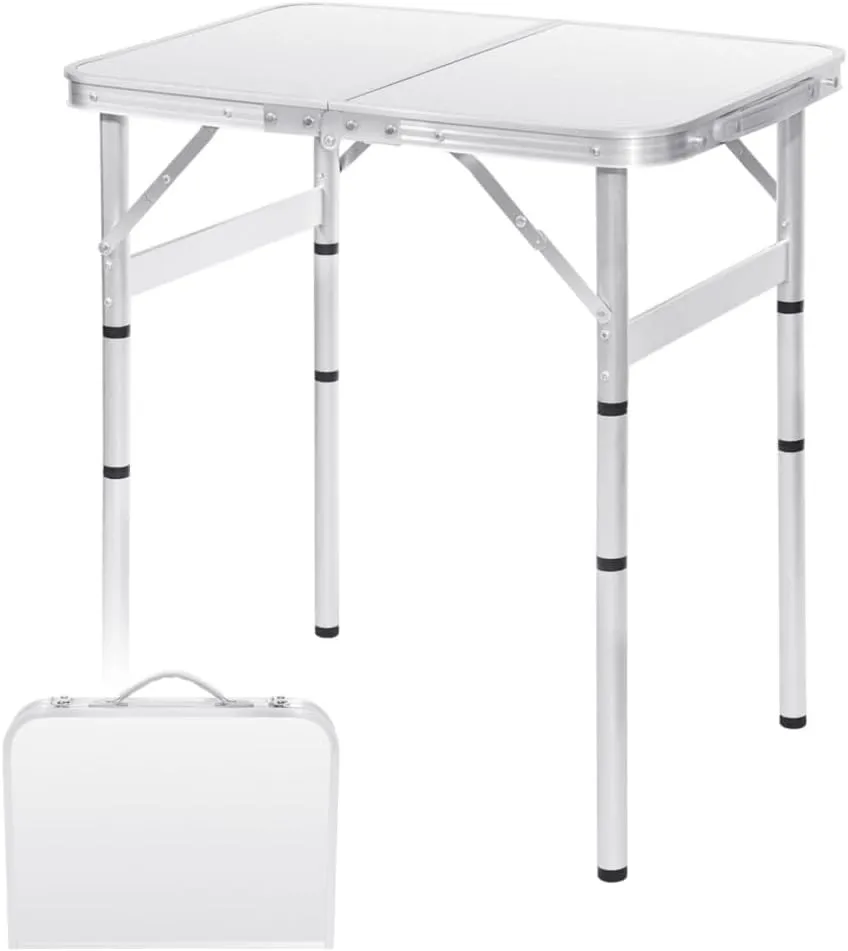 Small Folding Table 2FT Foldable Camping Table Portable Picnic Table Metal 4 Height Adjustable Outdoor for Beach BBQ White 23.6×15.7 inch