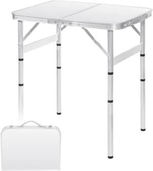 Small Folding Table 2FT Foldable Camping Table Portable Picnic Table Metal 4 Height Adjustable Outdoor for Beach BBQ White 23.6×15.7 inch