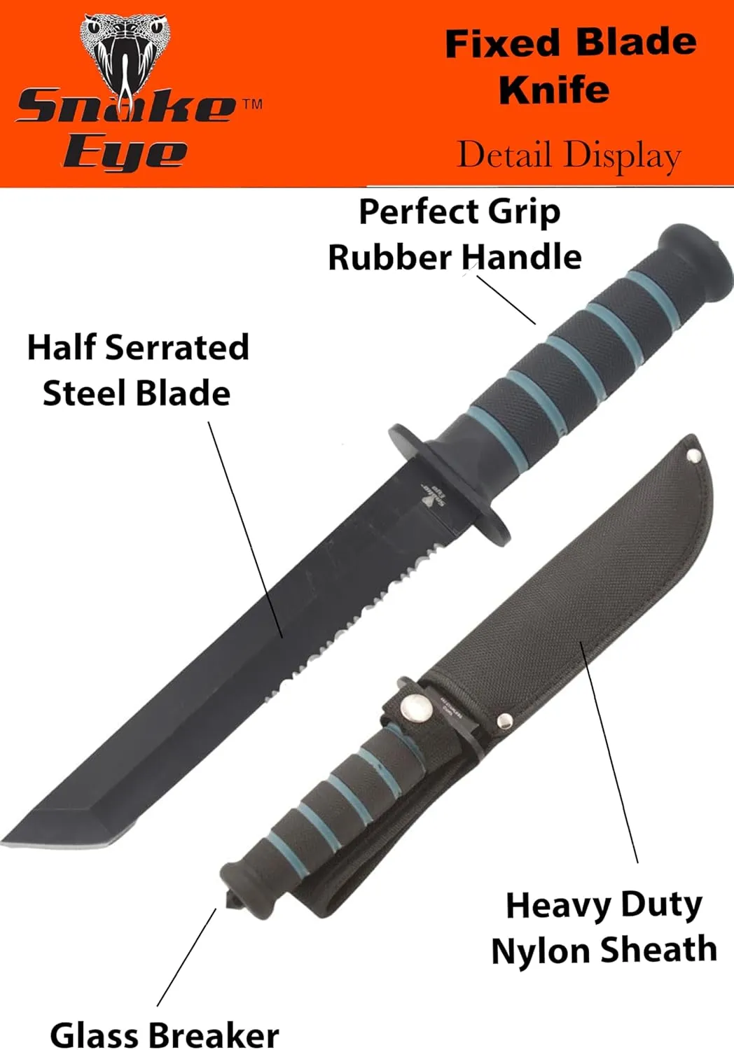 Snake Eye Tactical 12-Inches Heavy-Duty Fixed Blade-Hunting-Outdoor Survival-Knife (Black-Tanto)