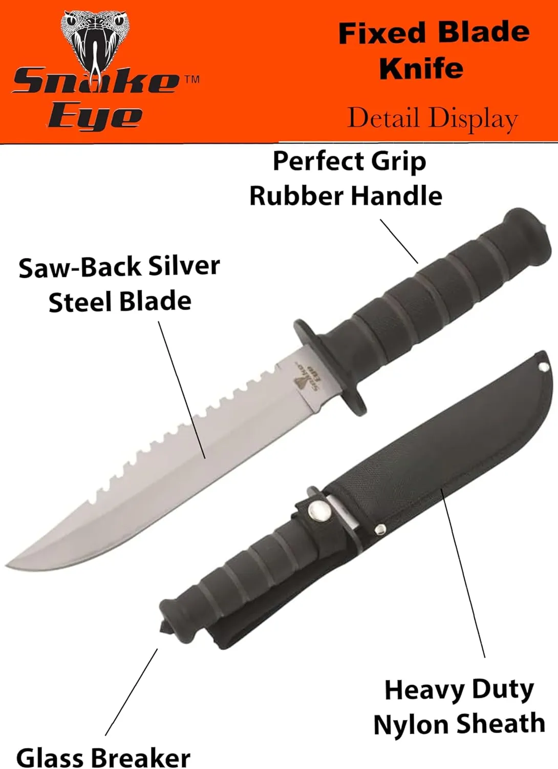 Snake Eye Tactical 12-Inches Heavy-Duty Fixed Blade-Hunting-Outdoor Survival-Knife (Silver-Sawback)