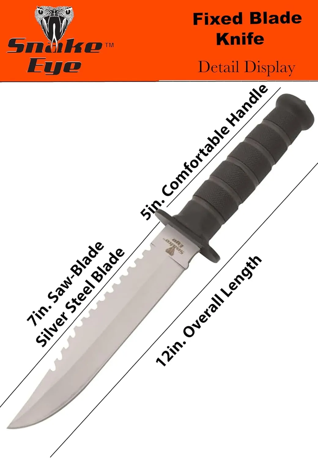Snake Eye Tactical 12-Inches Heavy-Duty Fixed Blade-Hunting-Outdoor Survival-Knife (Silver-Sawback)