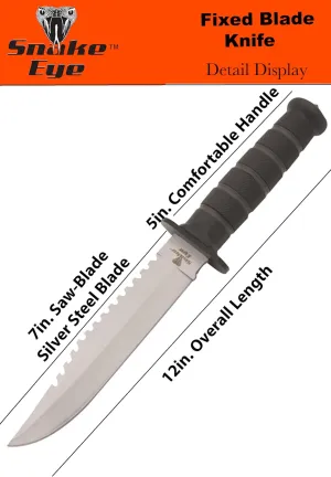 Snake Eye Tactical 12-Inches Heavy-Duty Fixed Blade-Hunting-Outdoor Survival-Knife (Silver-Sawback)