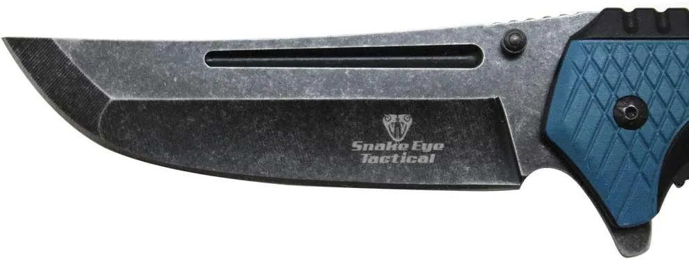 Snake Eye Tactical 12" Heavy Duty Stonewashed Blade Ultra Smooth One Hand Opening Folding Pocket Knife Limited Edition Collectors Knife - Ideal for Recreational Work Hiking Camping (Blue)