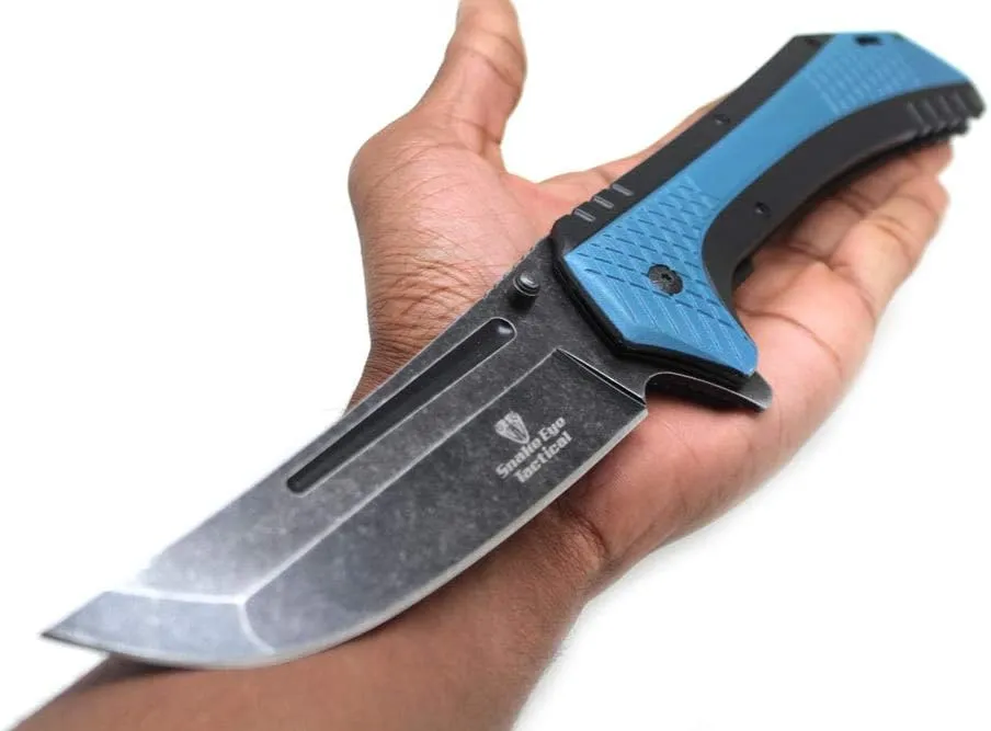 Snake Eye Tactical 12" Heavy Duty Stonewashed Blade Ultra Smooth One Hand Opening Folding Pocket Knife Limited Edition Collectors Knife - Ideal for Recreational Work Hiking Camping (Blue)