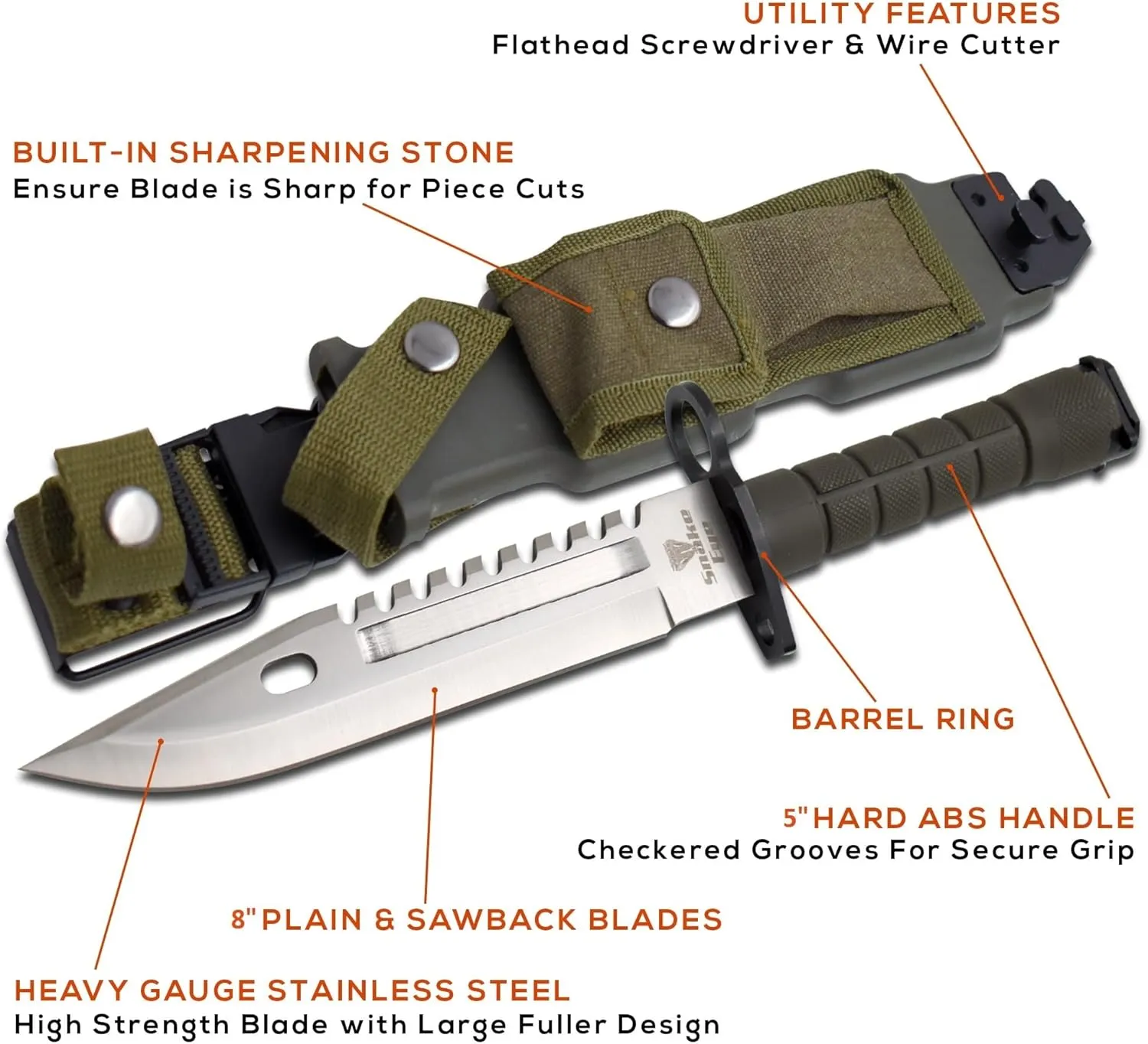 Snake Eye Tactical Fixed Blade Survival Knife, 13-Inch Overall