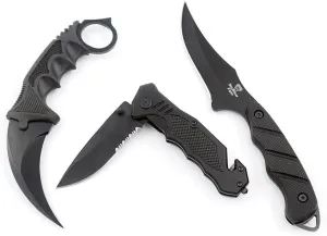 Snake Eye Tactical Triple Set Fixed Blade Mini Huntsman Folding Knife Outdoors Hunting Camping Fishing Self Defense (Black)