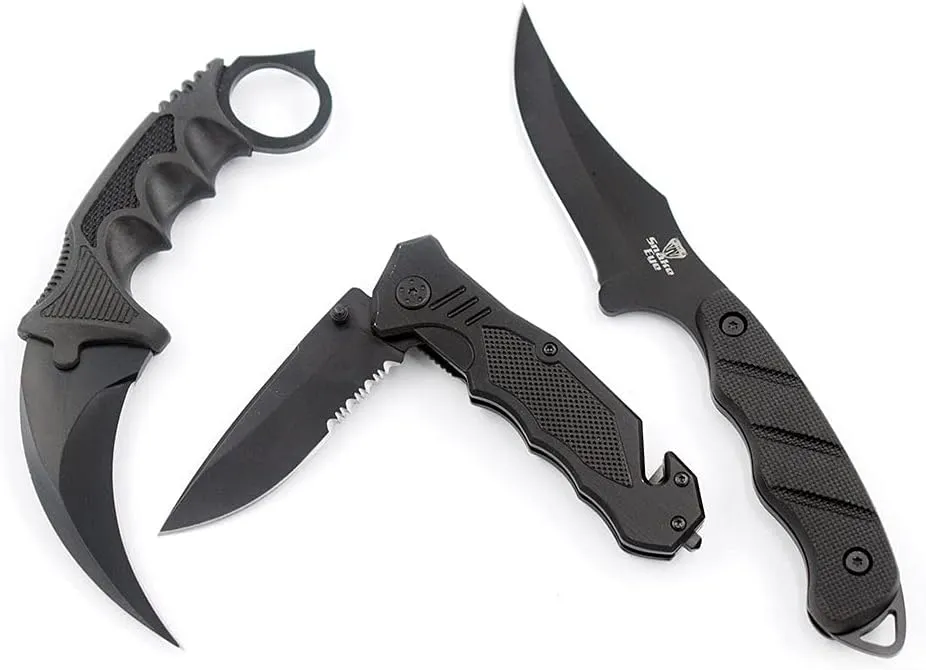 Snake Eye Tactical Triple Set Fixed Blade Mini Huntsman Folding Knife Outdoors Hunting Camping Fishing Self Defense (Black)