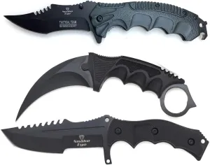 Snake Eye Tactical Triple Set - Fixed Blade/Mini Huntsman/Folding Knife - Outdoors Hunting Camping Fishing Self Defense … (Black)
