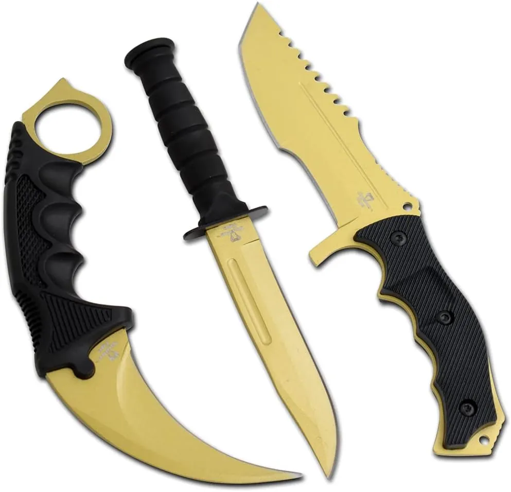 Snake Eye Tactical Triple Set - Karambit,Mini Huntsman Hunting Knife - Outdoors Hunting Camping Fishing (Gold)