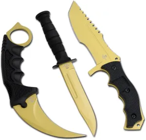 Snake Eye Tactical Triple Set - Karambit,Mini Huntsman Hunting Knife - Outdoors Hunting Camping Fishing (Gold)