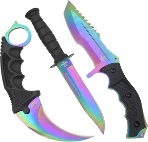 Snake Eye Tactical Triple Set - Karambit,Mini Huntsman Hunting Knife - Outdoors Hunting Camping Fishing (Rainbow)