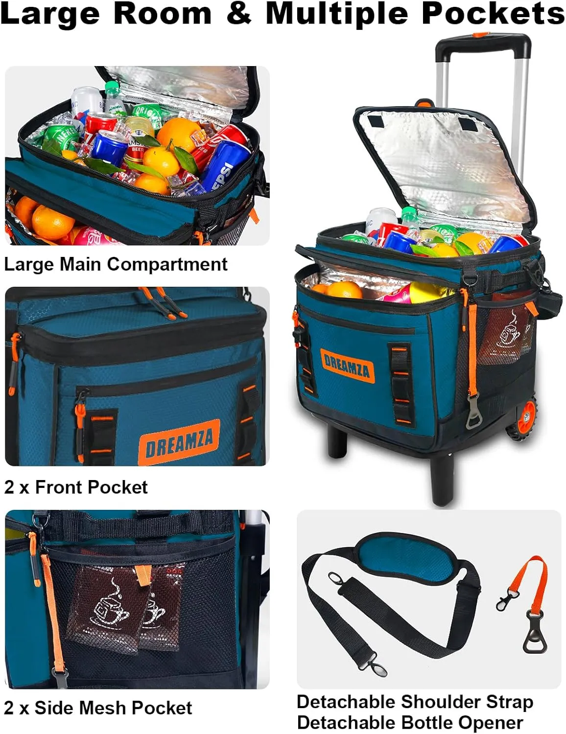 Soft Cooler with Wheels, 60-Can Wheeled Cooler with Handle, Leak Proof Rolling Cooler Insulated Bag with All-Terrain Cart, Collapsible Rolling Ice Chest for Beach Picnic Camping Grocery