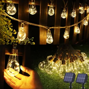 Solar Outdoor String Lights, 2 Pack 20Ft Vintage Rope Hemp Solar Patio Lights, Waterproof Warm White Solar Powered String Lights With 8 Modes 16 Shatterproof Bulbs for Fence Stairs Balcony Café Bistro
