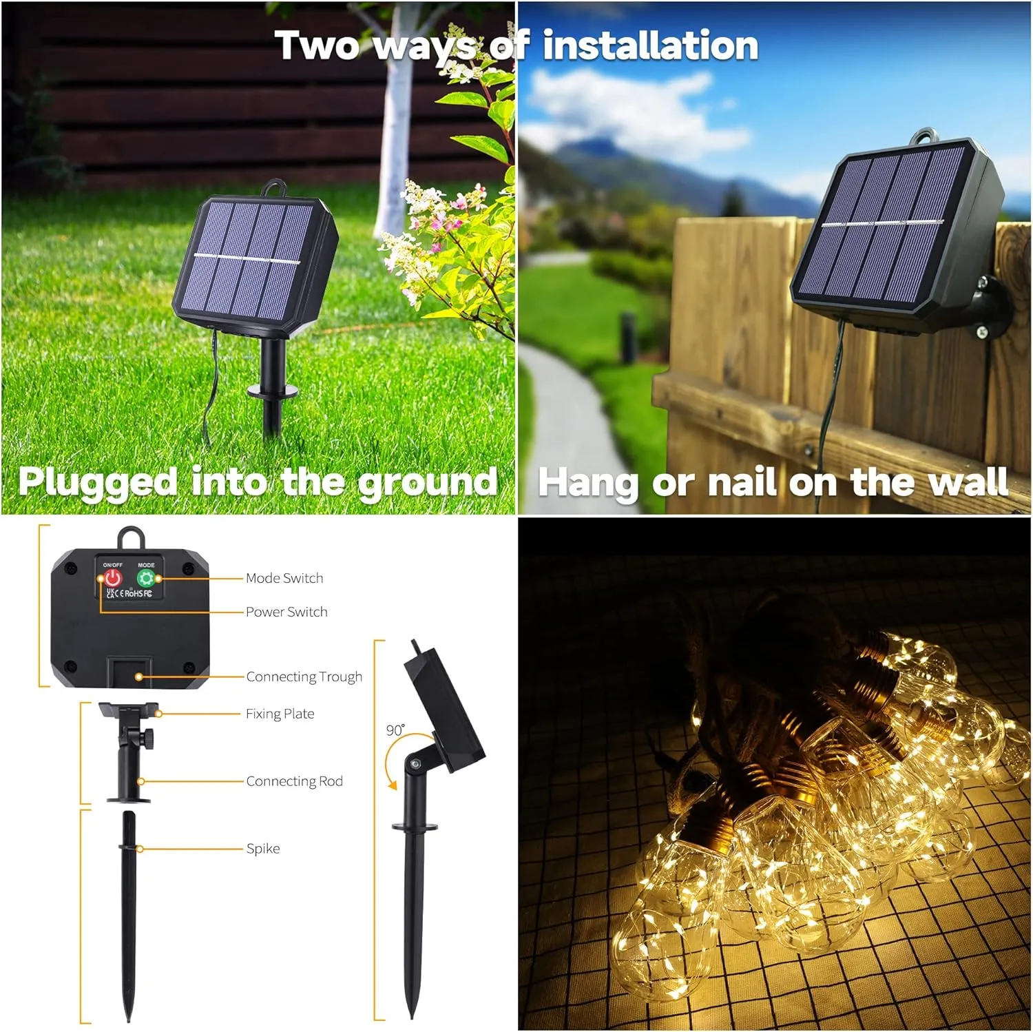 Solar Outdoor String Lights, 2 Pack 20Ft Vintage Rope Hemp Solar Patio Lights, Waterproof Warm White Solar Powered String Lights With 8 Modes 16 Shatterproof Bulbs for Fence Stairs Balcony Café Bistro