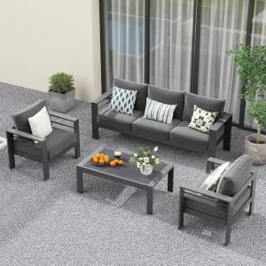 Solaste Aluminum Patio Furniture Set, 5 Seats Modern Outdoor Conversation Set Outdoor Furniture Set with Upgrade Cushion and Coffee Table,Dark Grey