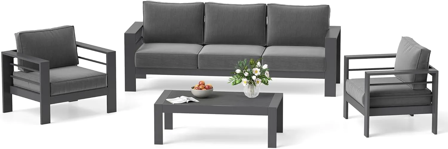 Solaste Aluminum Patio Furniture Set, 5 Seats Modern Outdoor Conversation Set Outdoor Furniture Set with Upgrade Cushion and Coffee Table,Dark Grey