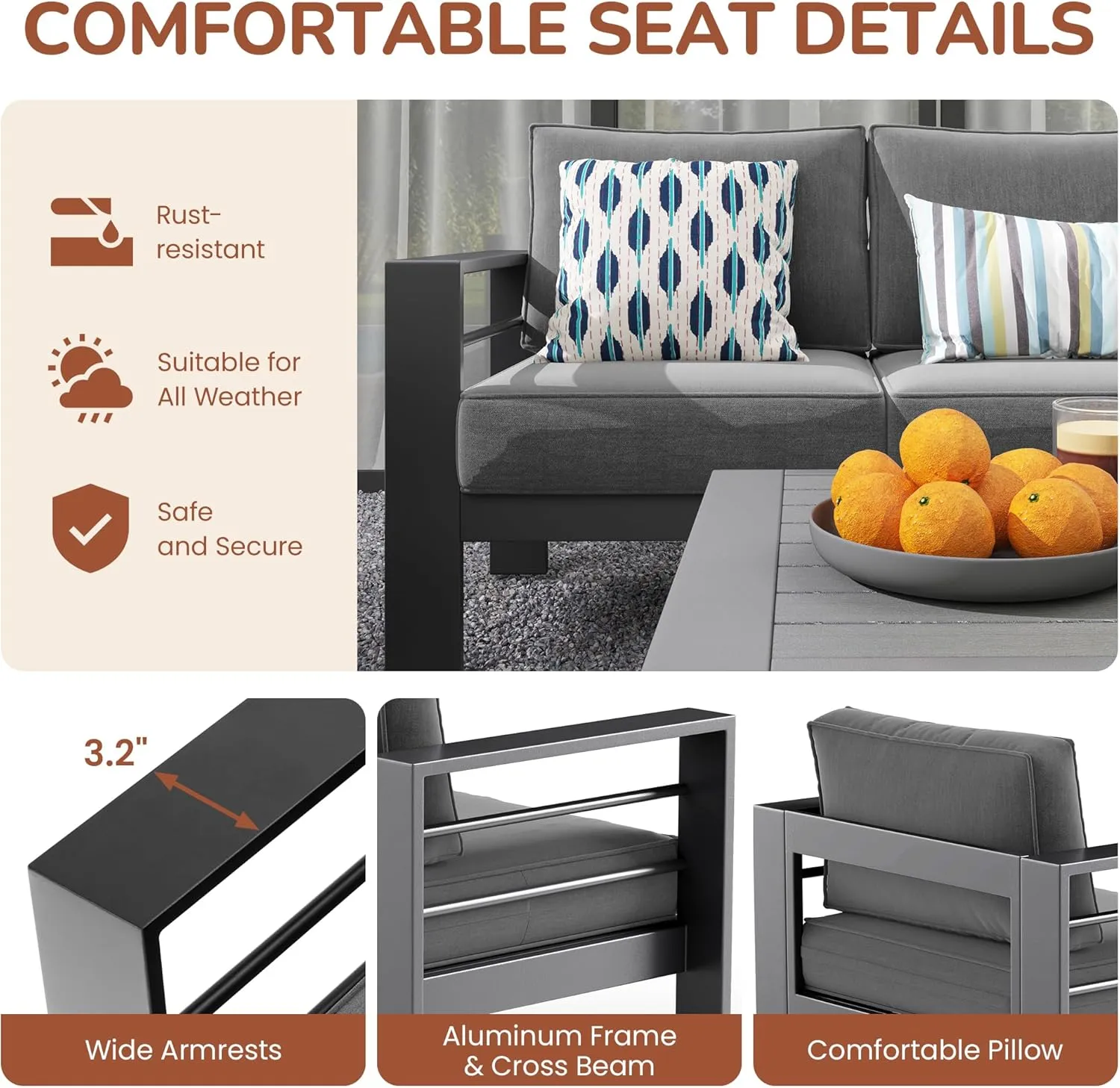 Solaste Aluminum Patio Furniture Set, 5 Seats Modern Outdoor Conversation Set Outdoor Furniture Set with Upgrade Cushion and Coffee Table,Dark Grey