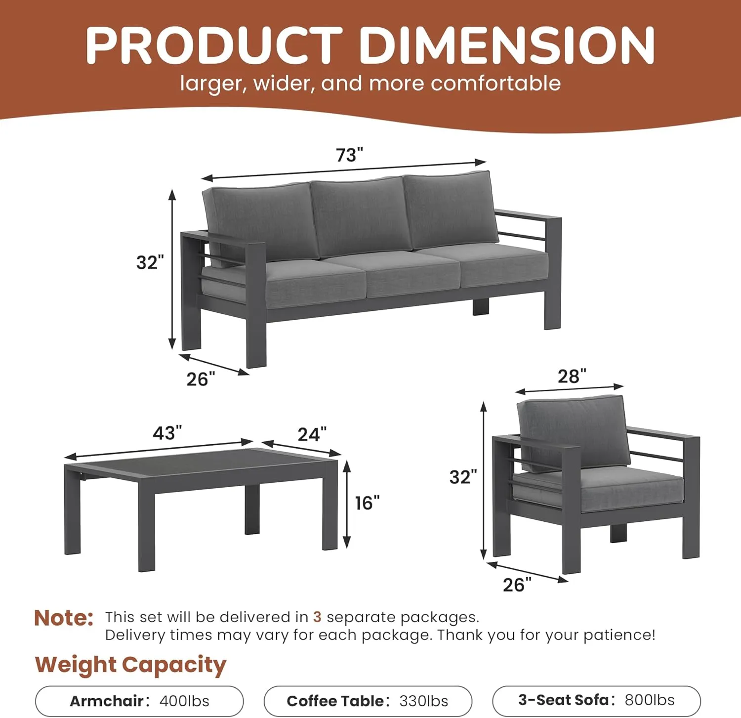 Solaste Aluminum Patio Furniture Set, 5 Seats Modern Outdoor Conversation Set Outdoor Furniture Set with Upgrade Cushion and Coffee Table,Dark Grey