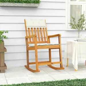 Solid Wood Acacia Rocking Chair with Cushions for Indoor Outdoor Use, Durable Patio Lounge Chair with Oil Finish, Cream White Fabric Cushions, 242.5 lb Capacity