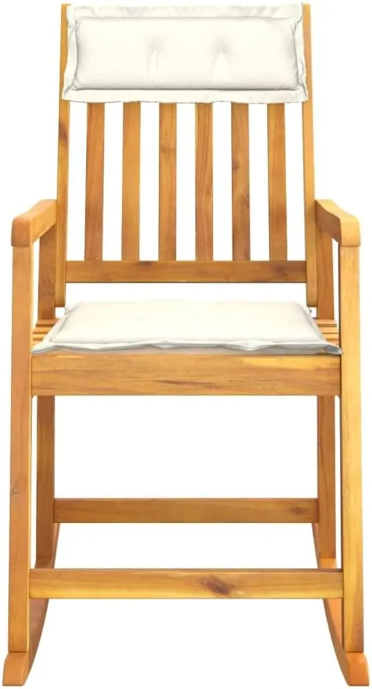 Solid Wood Acacia Rocking Chair with Cushions for Indoor Outdoor Use, Durable Patio Lounge Chair with Oil Finish, Cream White Fabric Cushions, 242.5 lb Capacity