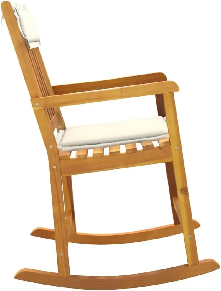 Solid Wood Acacia Rocking Chair with Cushions for Indoor Outdoor Use, Durable Patio Lounge Chair with Oil Finish, Cream White Fabric Cushions, 242.5 lb Capacity