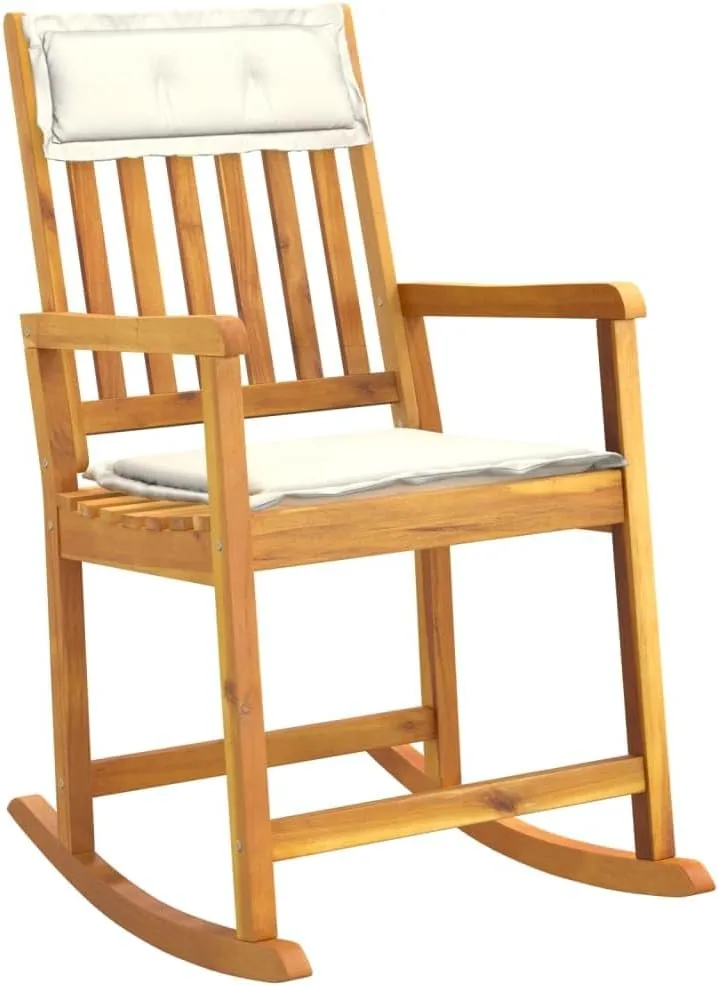 Solid Wood Acacia Rocking Chair with Cushions for Indoor Outdoor Use, Durable Patio Lounge Chair with Oil Finish, Cream White Fabric Cushions, 242.5 lb Capacity