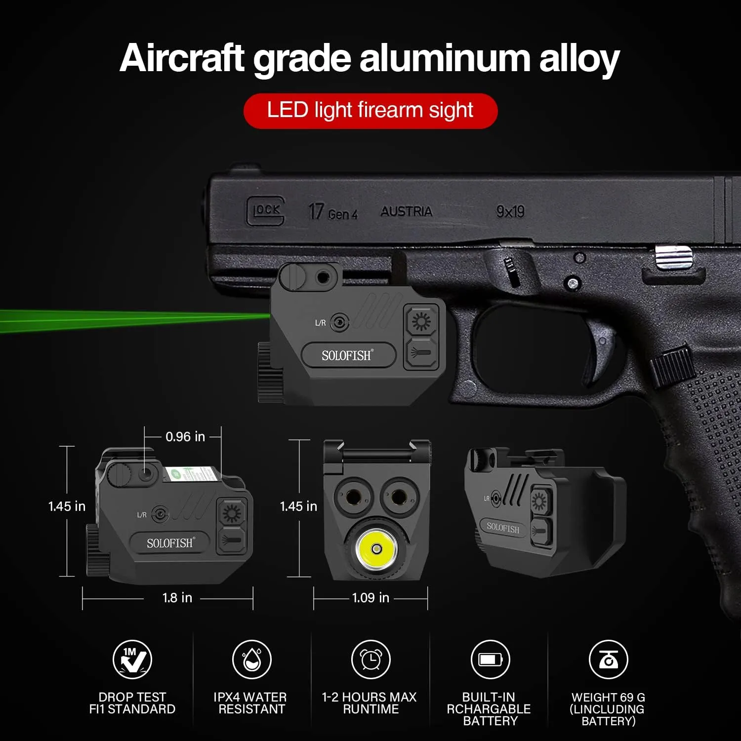 SOLOFISH 500lm Pistol Light and Purple/Infrared (IR)/Green Blue Beam Combo, Rechargeable Aluminum Weapon Light and Beams for Guns with a Rail